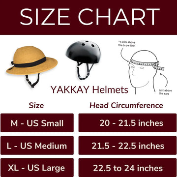 YAKKAY Helmet Size Chart
-----------------------
Measurement Guide:
- Measure approximately 1 inch above the brow line and just above the ears.
Sizes and Head Circumference:
- M (US Small): 20 to 21.5 inches
- L (US Medium): 21.5 to 22.5 inches
- XL (US Large): 22.5 to 24 inches